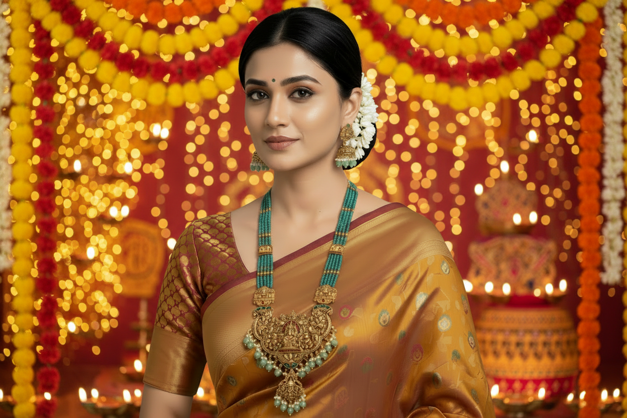 Green Vedanshi Beads Temple Necklace Set