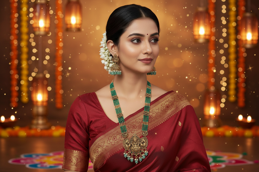 Woman wearing a red saree with gold border and green jewelry against a red background