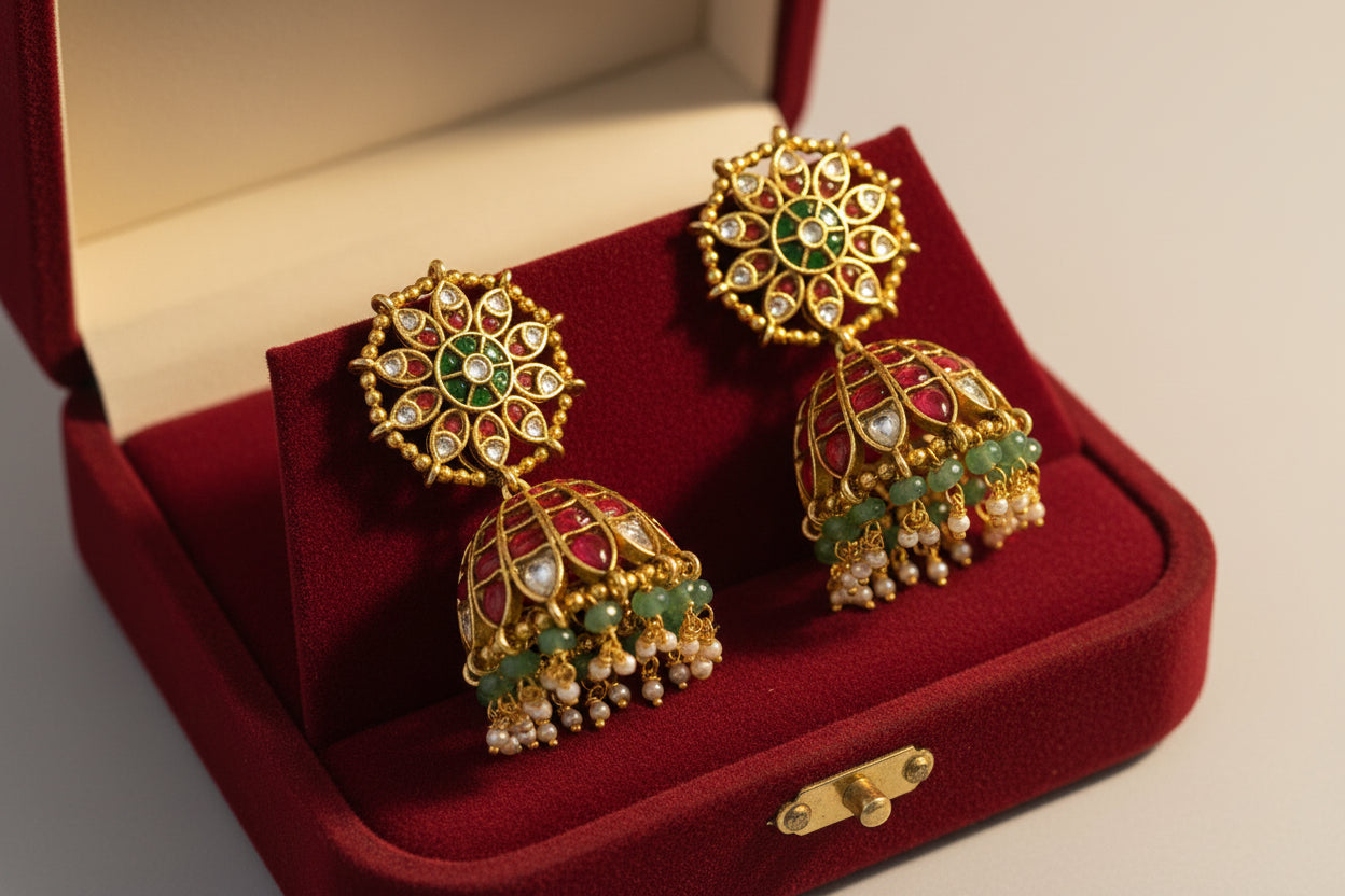 Regal red-green choker set with jhumka earrings, handcrafted in gold-tone metal and adorned with temple-style floral motifs and pearl accents.
