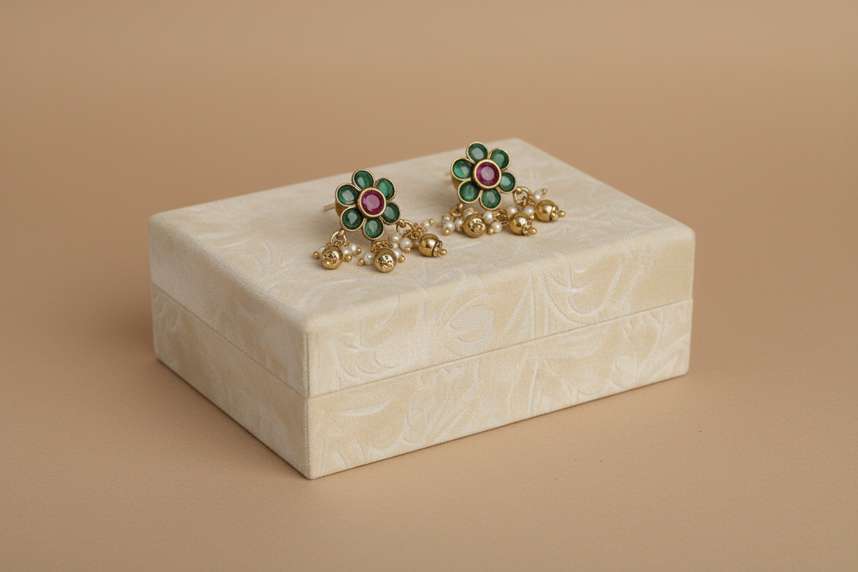 Necklace-and-earring set with floral pendants adorned in green and pink stones, finished with pearl and bead hangings