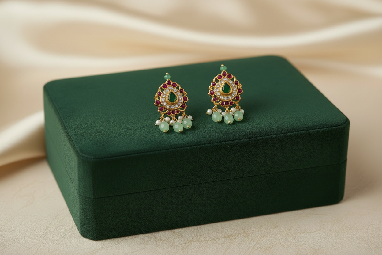 Choker set with matching earrings, in gold-tone metal and green, red, and white stones, a emerald motif and pearl danglers.