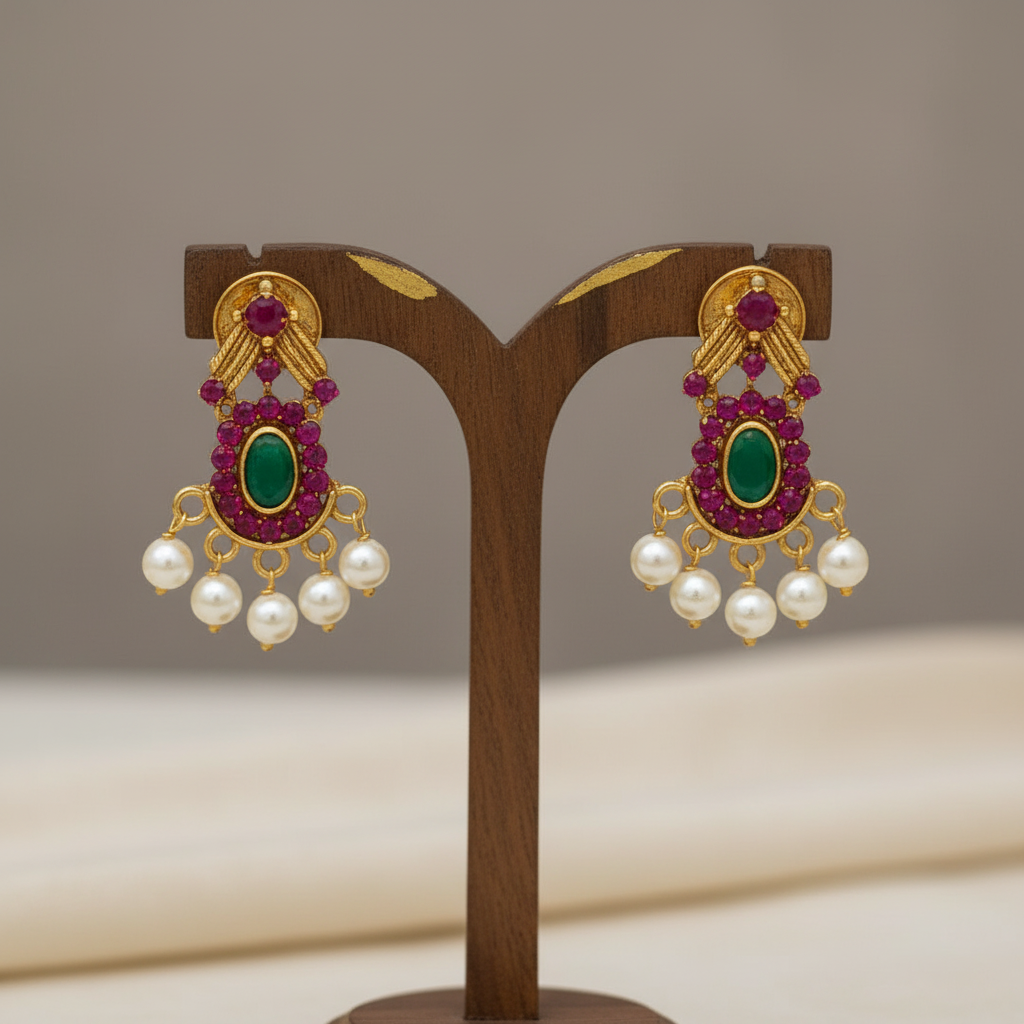 Handcrafted antique gold necklace with teardrop-shaped green and maroon kemp stone motifs and a pendant with pearl drops
