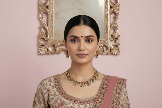 Woman wearing traditional jewelry and attire against a pink background