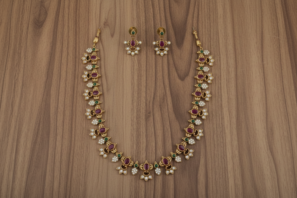 Necklace set featuring oval purple stones paired with green accents, framed in intricate gold and white floral motifs.