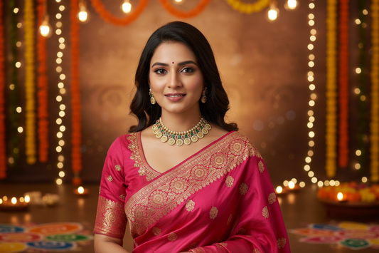 Woman in a pink saree with gold patterns against a festive background with lights and decorations.