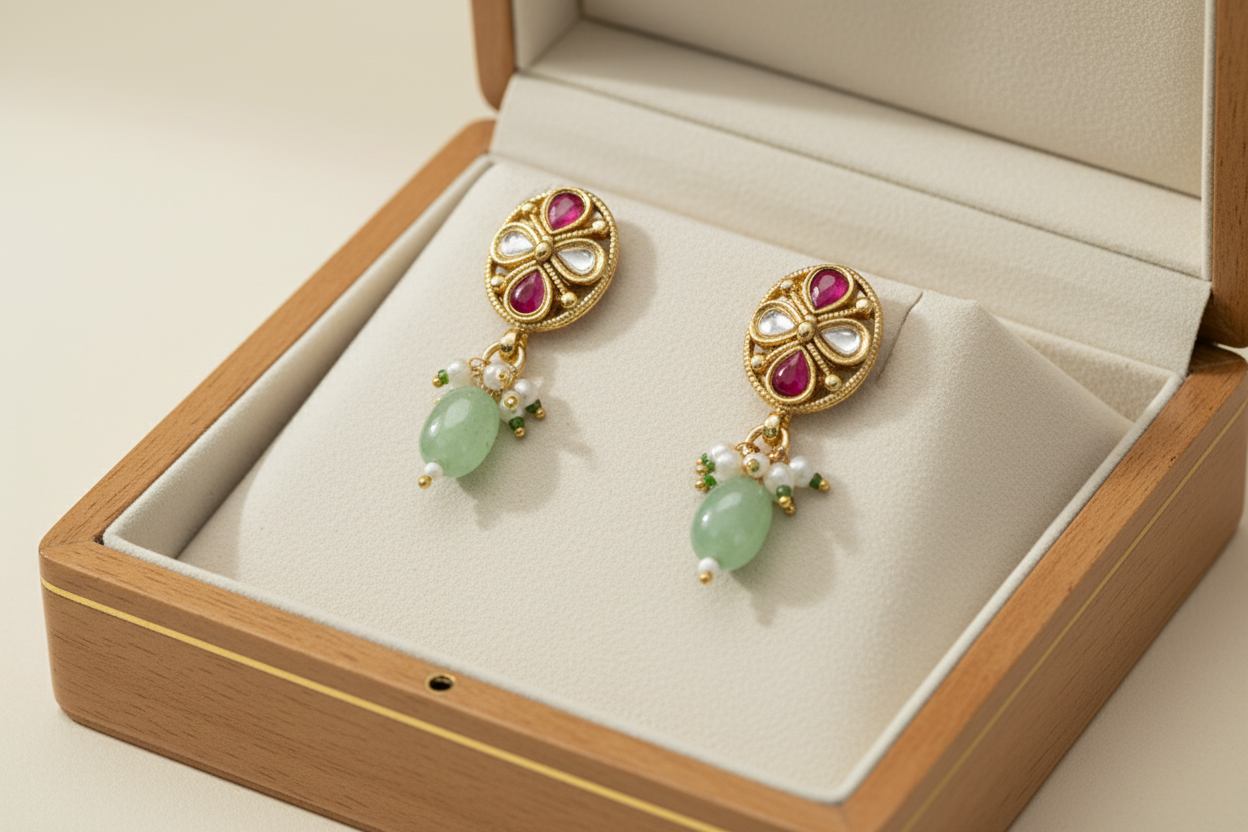 Timeless tradition with this exquisite antique-finish necklace set, crafted in premium brass with a rich gold patina.