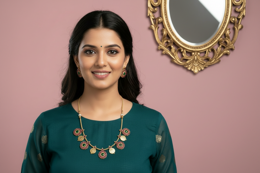 Woman wearing a green traditional outfit with a decorative necklace on a gray background