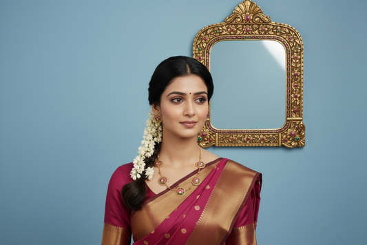 Woman wearing a traditional saree with jewelry and flowers against a blue background