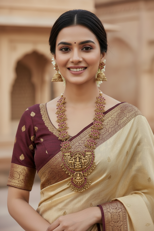 Woman wearing traditional jewelry and a saree in an architectural setting