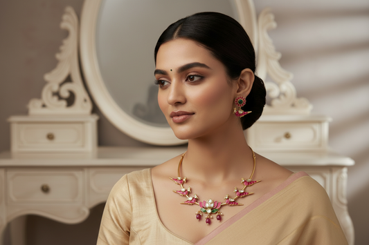 Woman wearing a gold necklace and earrings with a beige outfit on a neutral background