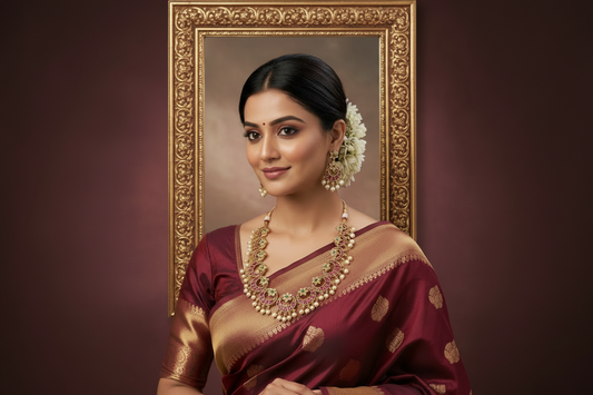 Woman wearing a traditional maroon saree with gold patterns against a dark background