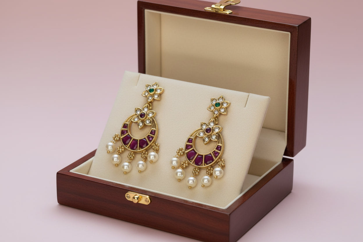Radiant cascade of crescent motifs, this necklace set features vibrant pink stones framed in gold finished with pearl drops.