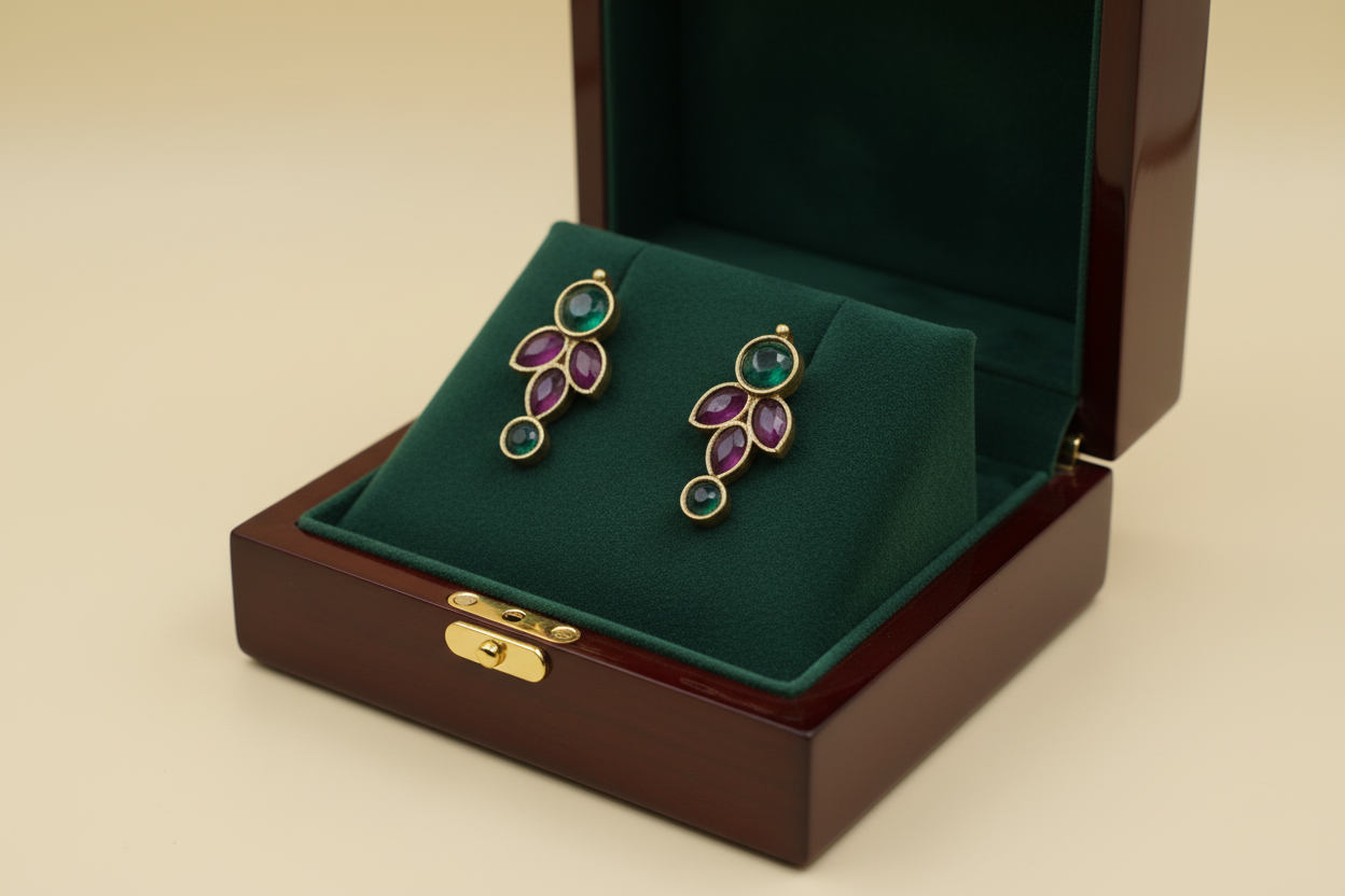 Antique gold temple short necklace and earring set with purple and green stones by House of Abiani