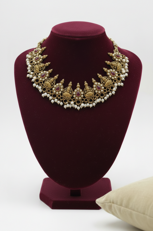 Ruby Red Adhya Temple Necklace Set
