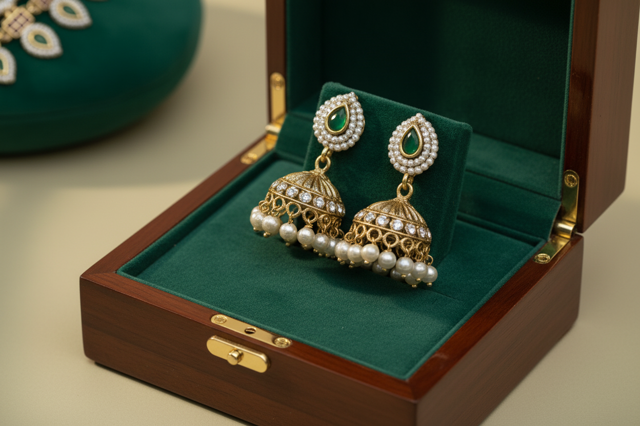 kemp necklace set with green teardrop stones, red accents, pearl drops, and paired with matching earrings