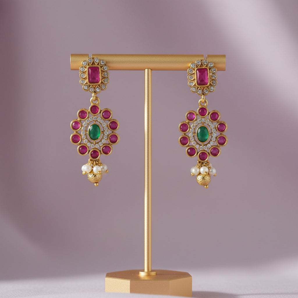 Heritage Red & Green Gemstone Necklace Set, a masterpiece of temple-inspired craftsmanship.