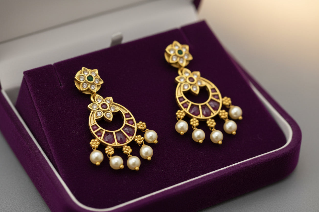 antique gold necklace with floral pink and white stone medallions, pearl drops, and matching floral drop earrings