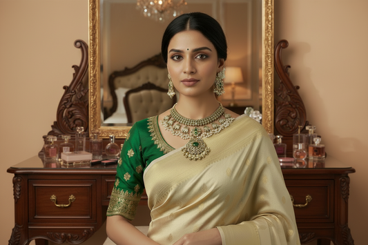 Woman wearing a traditional green and beige saree with jewelry against a neutral background