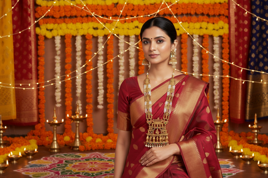 Woman wearing a red saree with gold jewelry against a pink background