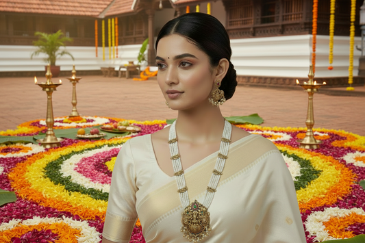 Woman wearing a traditional saree with gold jewelry against a pink background