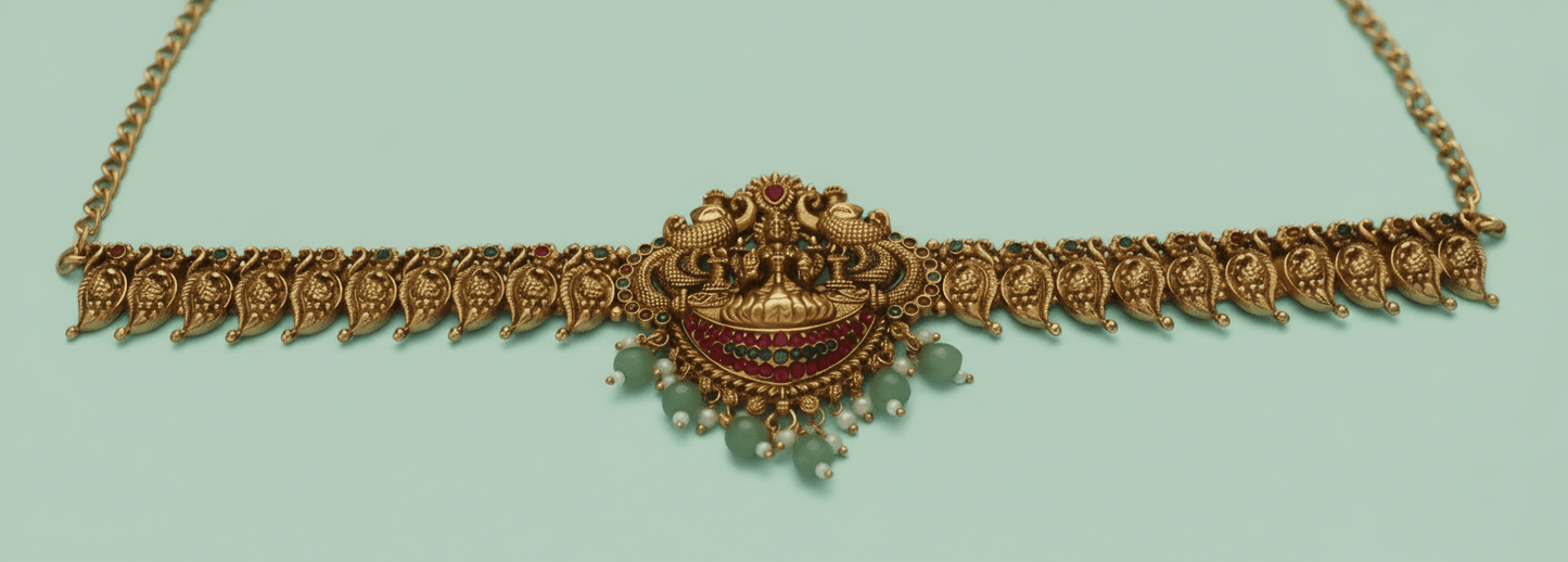 antique gold bridal combo set with layered necklace, waist belt, jhumkas & maang tikka featuring mint-green bead drops