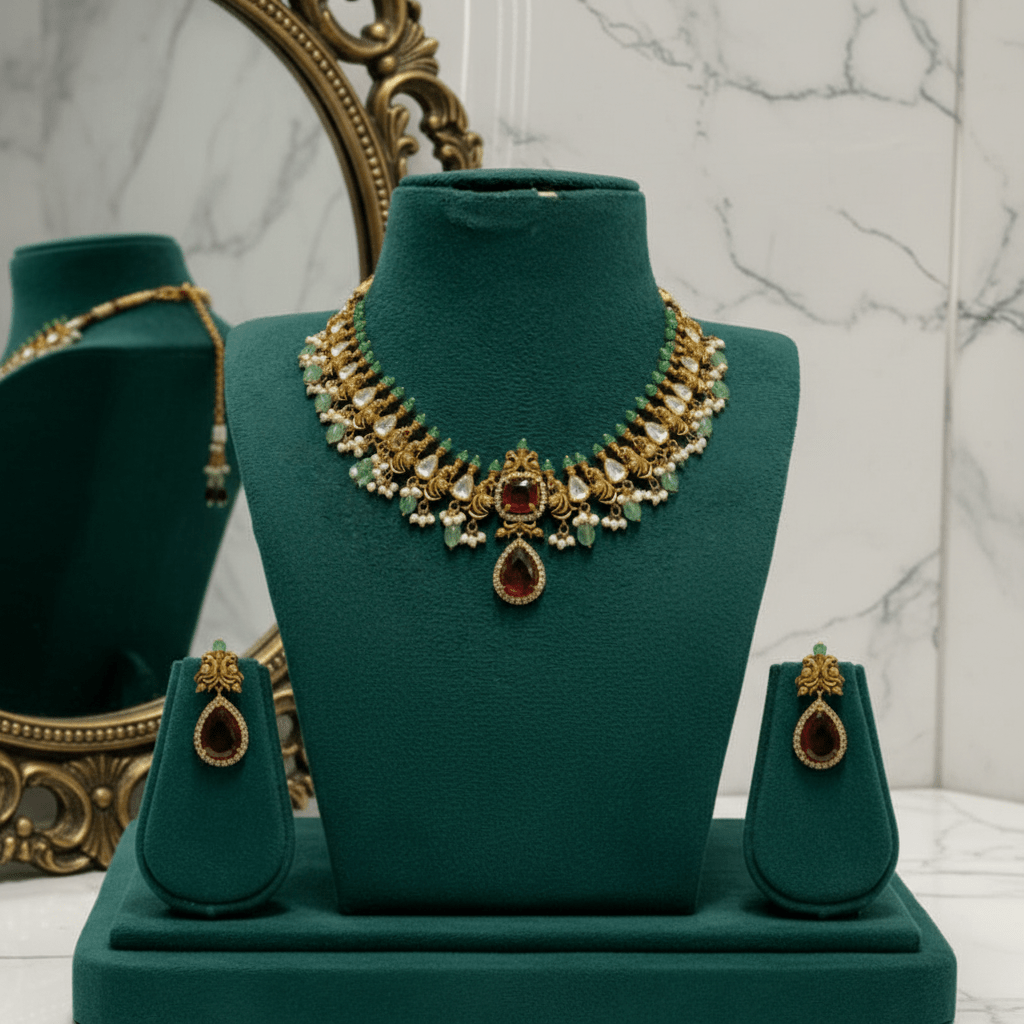 Elevate your collection with this exquisite handcrafted necklace and earring set, inspired by timeless South Indian artistry.