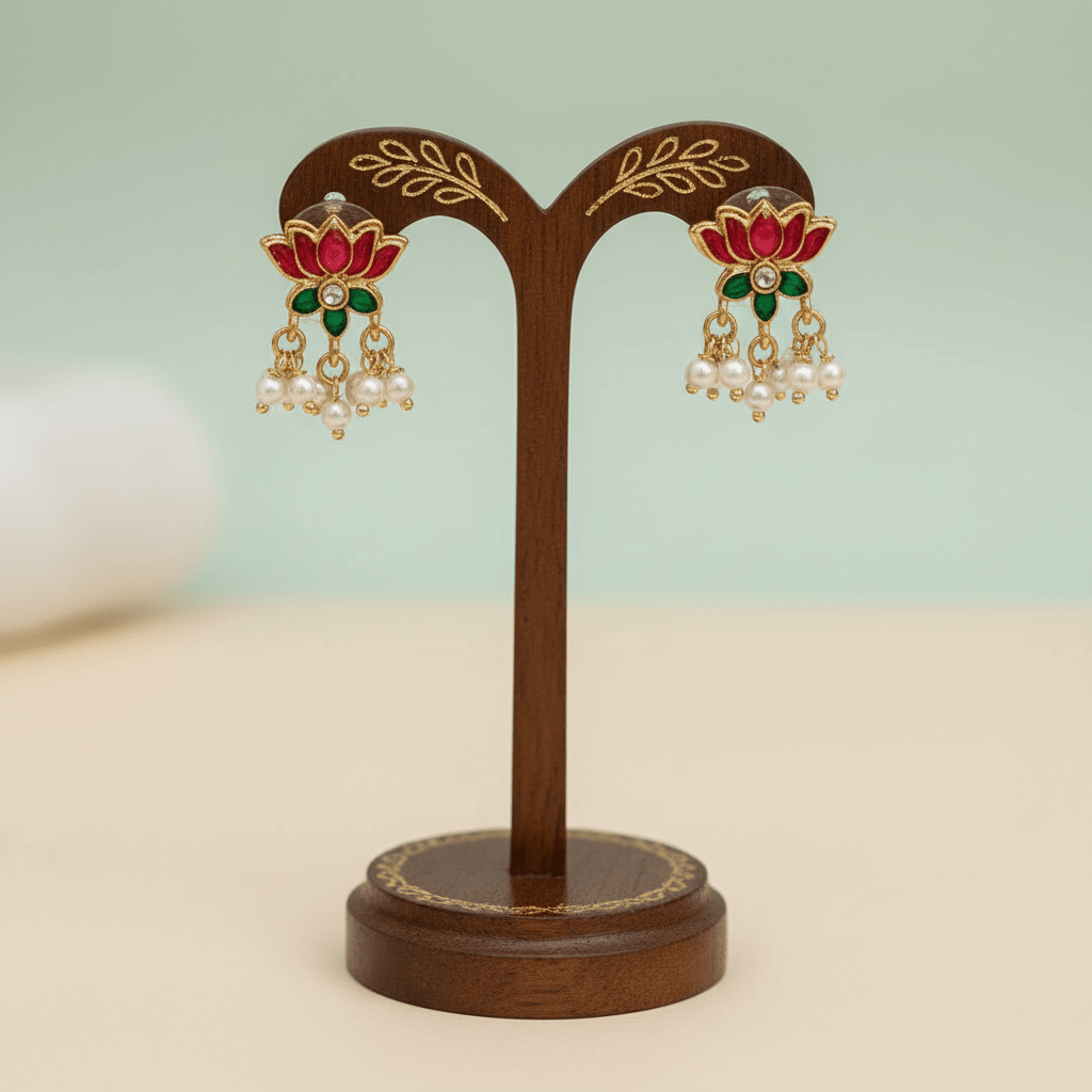 Necklace set featuring gold Lakshmi motifs with pink and green enamel lotus accents, finished with clusters of pearls.