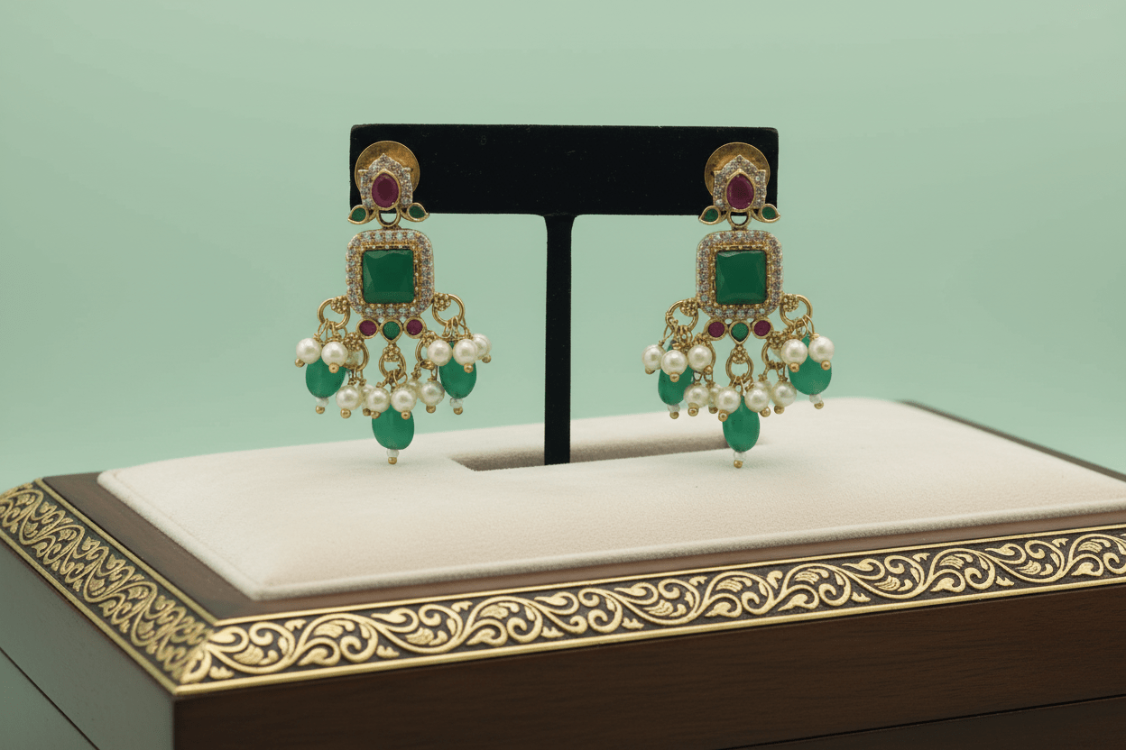 antique gold necklace with a statement emerald pendant, pearl clusters & green bead drops