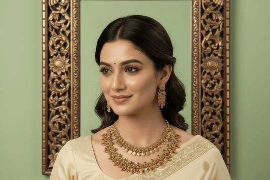 antique gold two-layer necklace with pink mango-shaped stone drops, pearl detailing, and matching drop earrings
