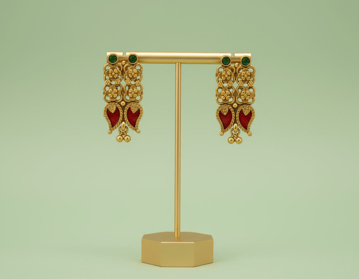 antique gold two-layer necklace with pink mango-shaped stone drops, pearl detailing, and matching drop earrings