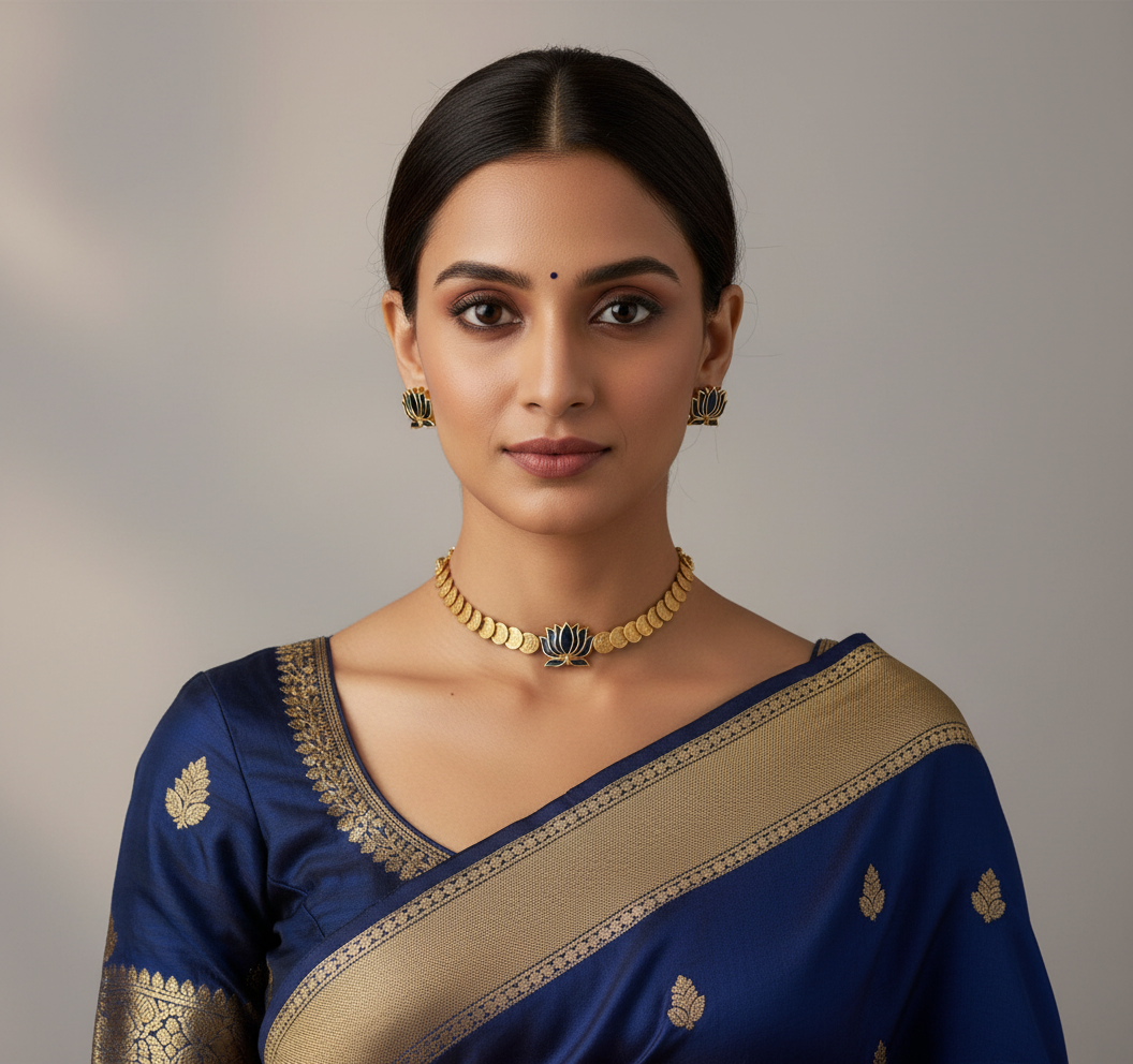 Woman wearing a blue saree with gold details and gold jewelry against a neutral background