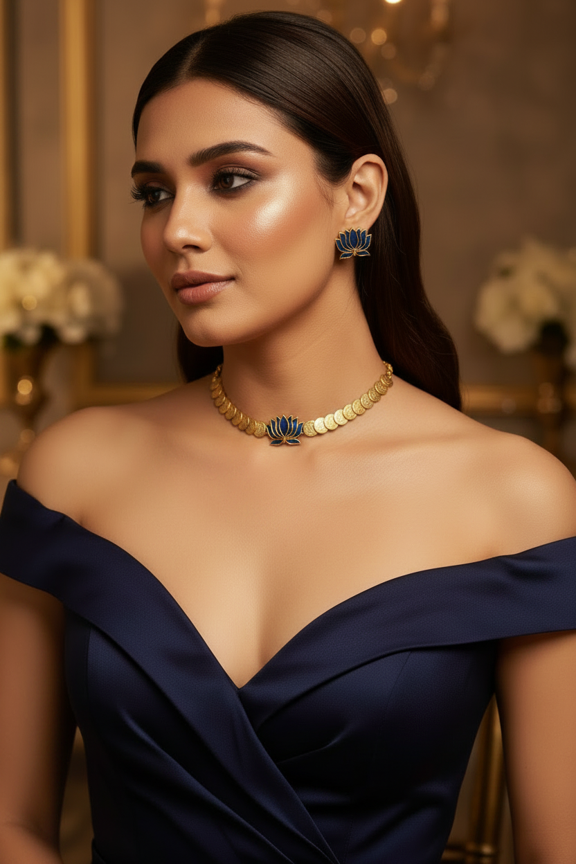 Blue Jhansi Lotus Coin Necklace set