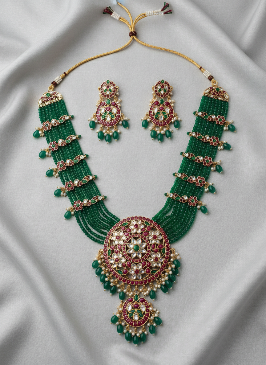 Green beaded necklace and earrings set on a white fabric background