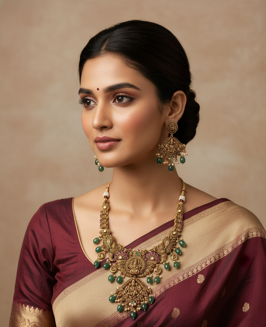 Woman wearing traditional jewelry and a saree against a beige background