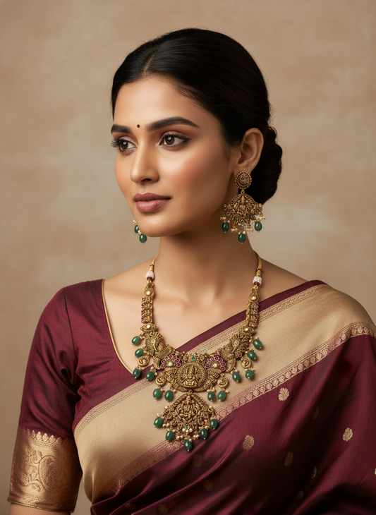 Woman wearing traditional jewelry and a saree against a beige background