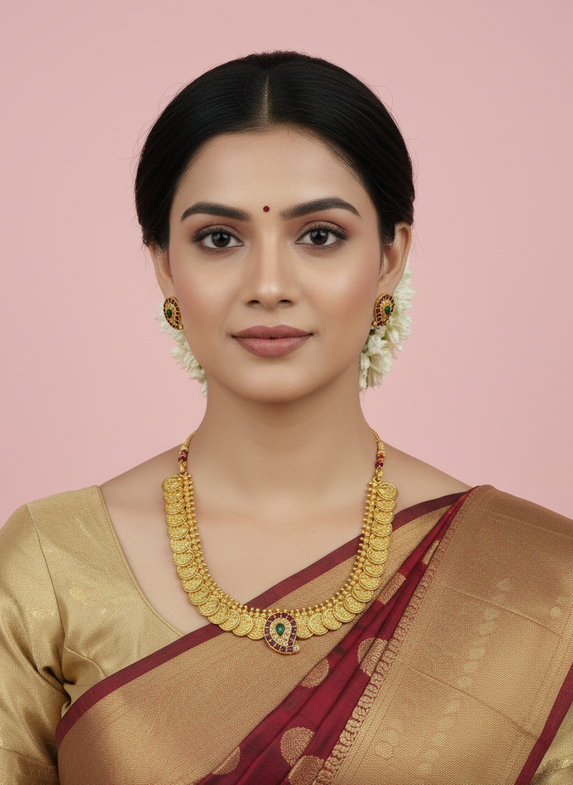 Woman wearing gold jewelry and a saree against a pink background