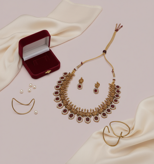 Gold necklace with red stones, earrings, and a bracelet on a beige fabric background.