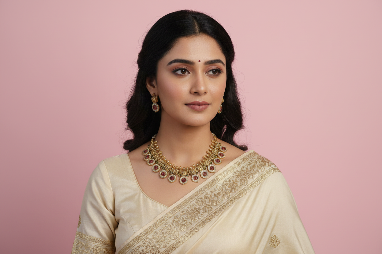 Woman wearing a traditional saree with gold jewelry on a pink background