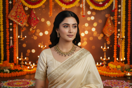 Woman wearing a traditional saree with gold jewelry on a pink background