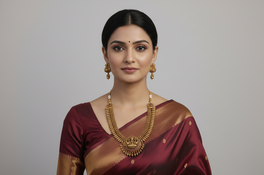 Woman wearing a maroon saree with gold jewelry on a plain background