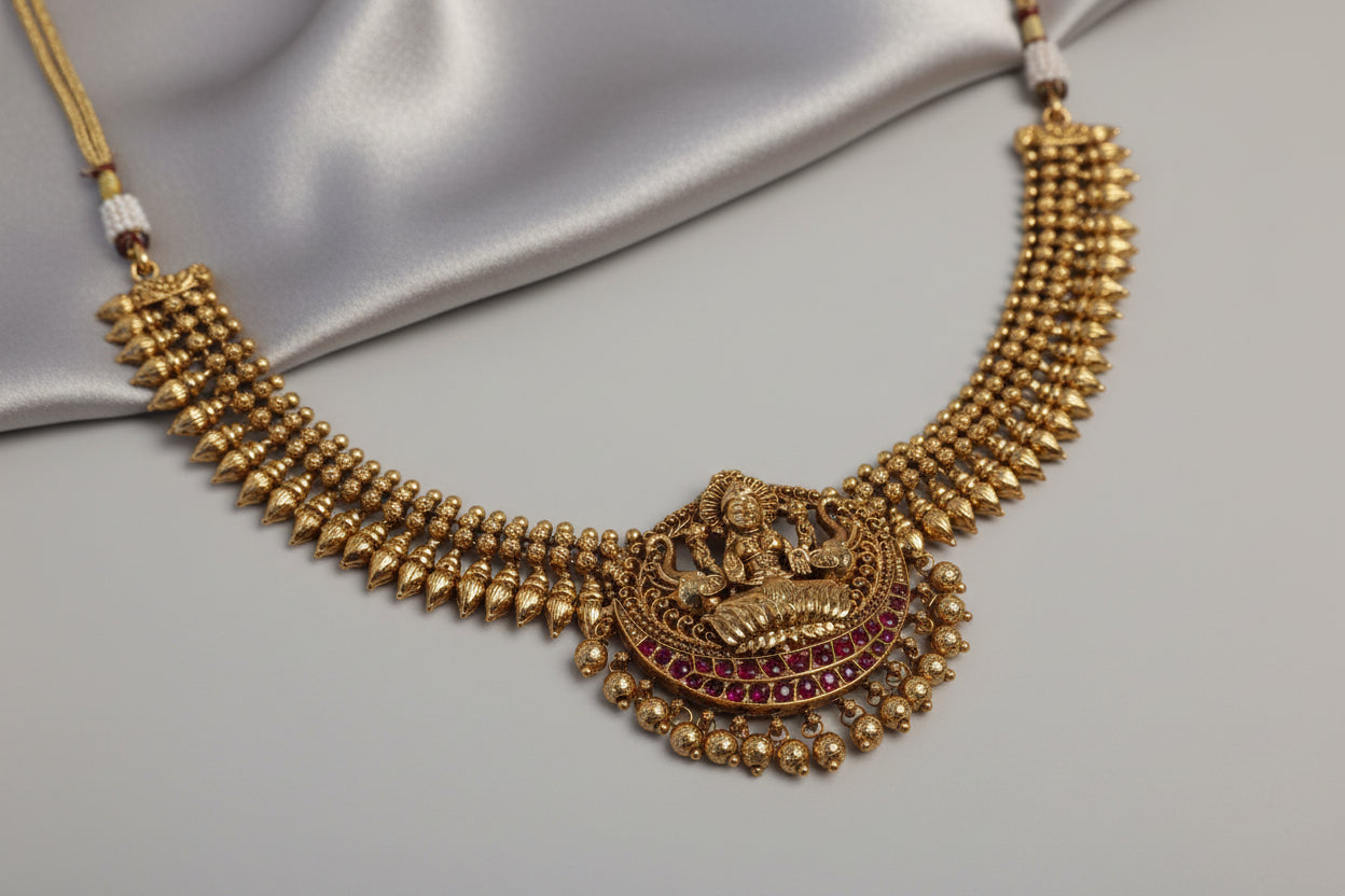 Gold necklace with intricate design on a gray fabric background