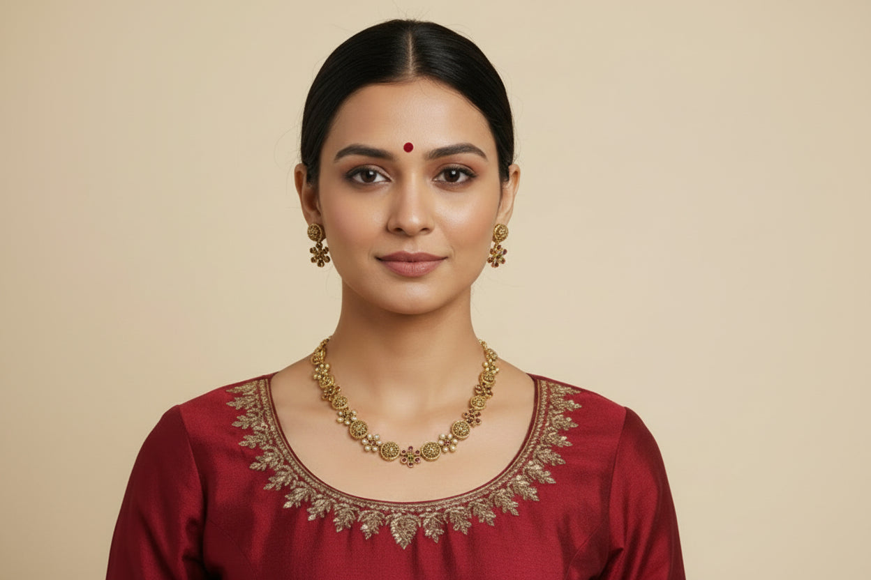 Woman wearing gold jewelry against a beige background