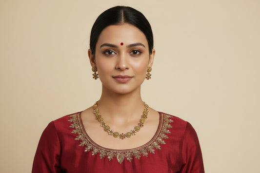 Woman wearing gold jewelry against a beige background
