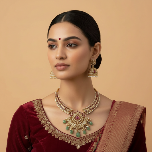 Woman wearing traditional jewelry with a plain background