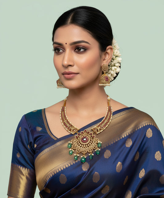 Woman wearing a traditional blue saree with gold details and jewelry against a light green background