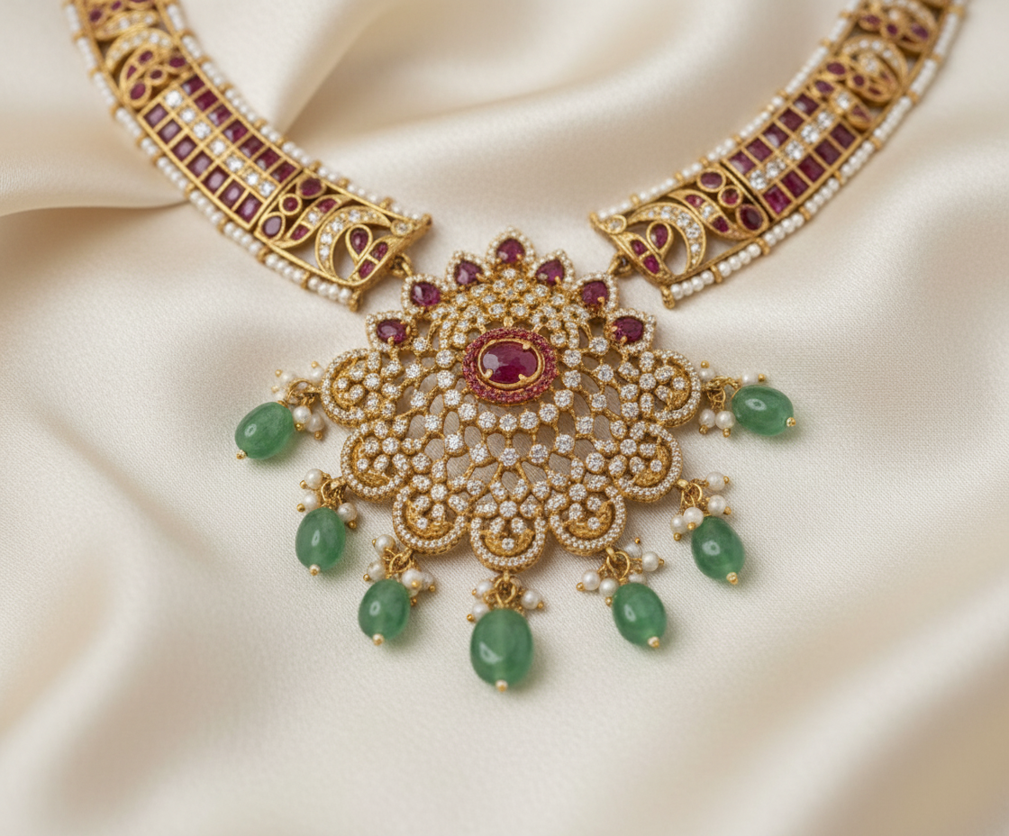 Ornate gold necklace with red and green gemstones on a satin background
