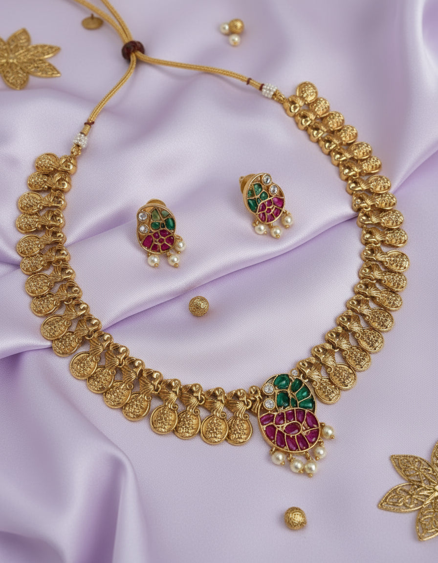 Gold necklace and earrings set on a white fabric background