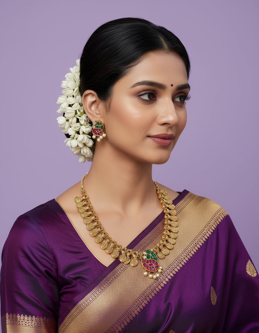 Woman in a purple saree with gold jewelry against a purple background
