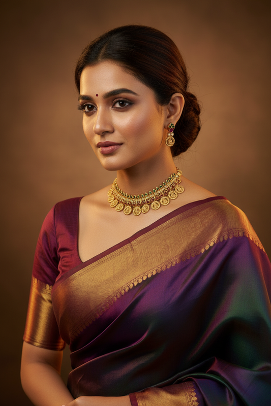 Golden Chinmayi Temple Coin Necklace Set