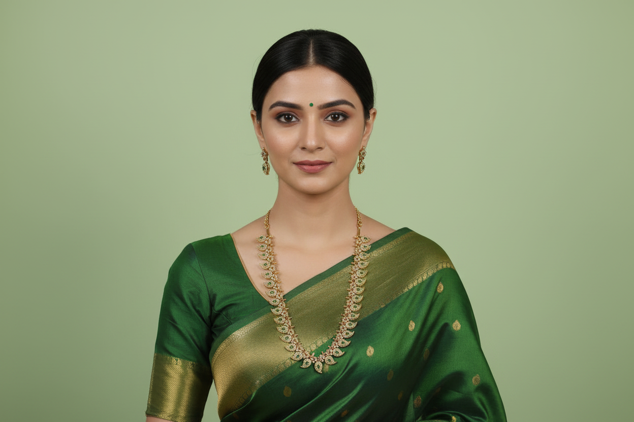 Woman wearing a green saree with gold border on a light green background